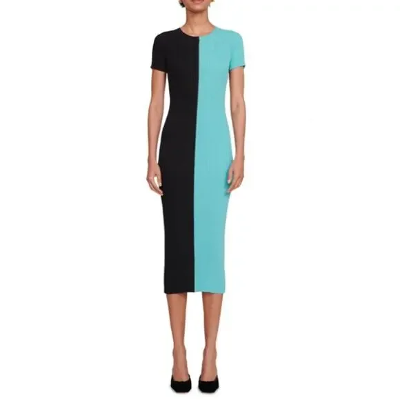 Staud Colleen Colorblock Ribbed Bodycon Dress Black Blue Womens Size Small - Picture 1 of 12